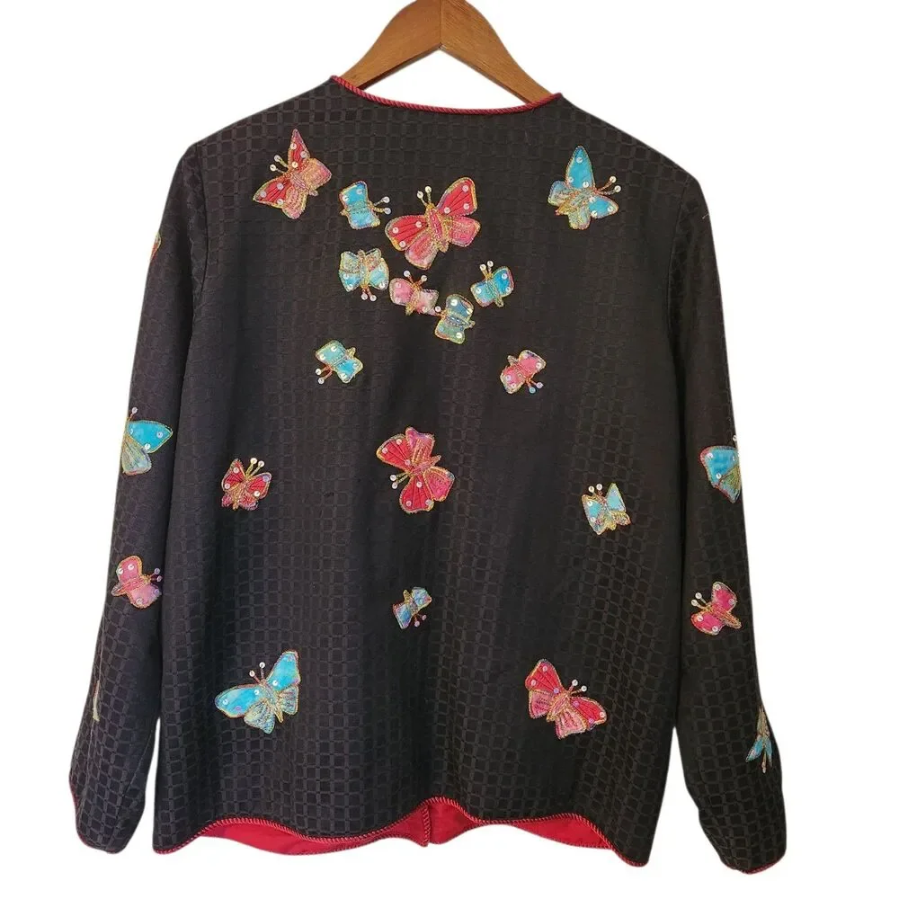 Indigo Moon Appliqué Embroidered Sequin Colorful Butterfly Black Jacket Womens M